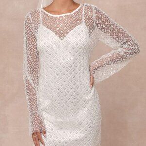 Lulus Glowing Charisma White Sequin Pearl Mesh Long Sleeve Mini Dress - Size M